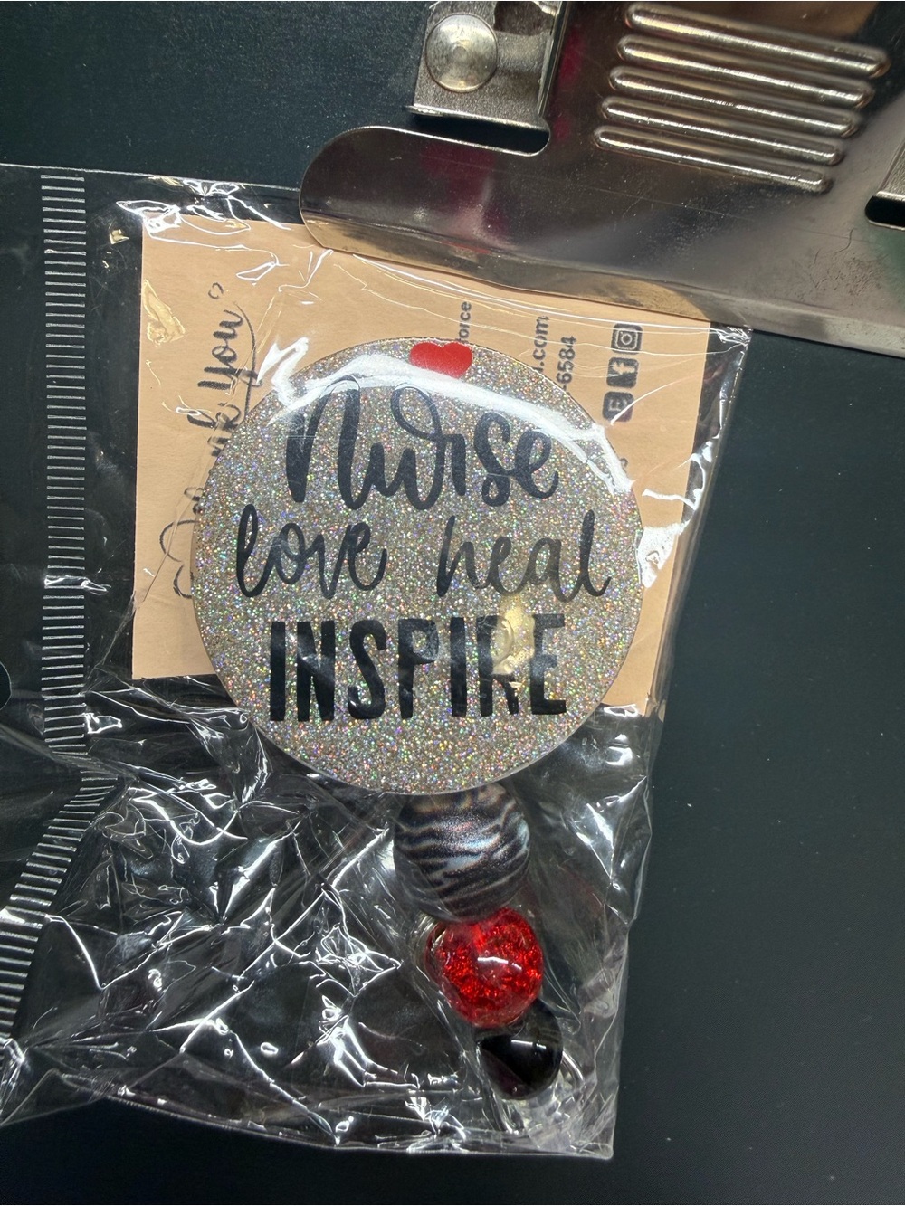 Nurse Love Heal Inspire Glitter Badge Reel - Silver and Red